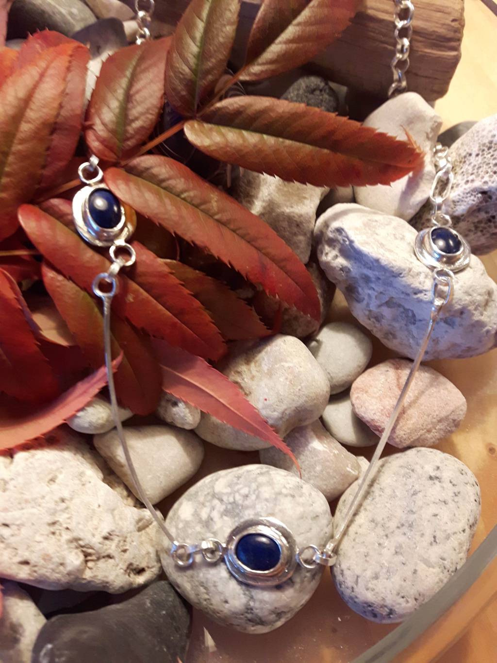 Lapis lazuli, amber and blue&nbsp;silk